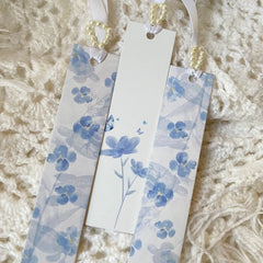 Serene Blue Floral Bookmark Set with Pearl-Beaded Tassels