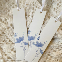 Serene Blue Floral Bookmark Set with Pearl-Beaded Tassels
