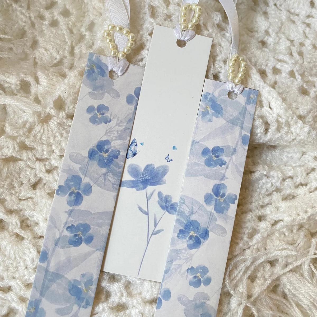 Serene Blue Floral Bookmark Set with Pearl-Beaded Tassels