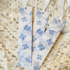 Serene Blue Floral Bookmark Set with Pearl-Beaded Tassels